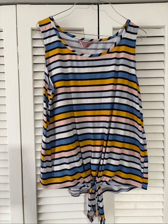Amana Tops - Striped Tie-Knot Sleeveless Tank Top — White, Blue, Mustard & Pink